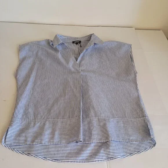 DKNY Comfy Blue White Stripe Linen Blend Sleeveless V-Neck Collared Shirt Wmn L - Picture 8 of 14